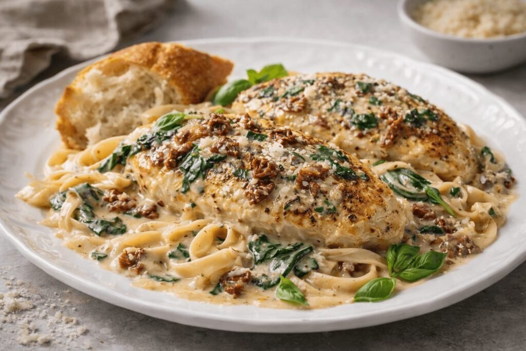 Creamy Tuscan chicken served over fettuccine pasta with spinach, sun-dried tomatoes, parmesan, and fresh basil, paired with crusty bread.