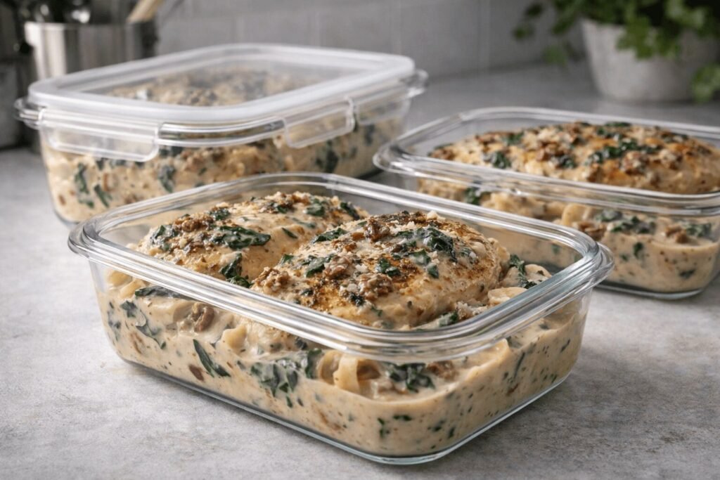 Creamy Tuscan chicken stored in glass meal prep containers with spinach and sun-dried tomatoes—perfect for easy leftovers and make-ahead meals.
